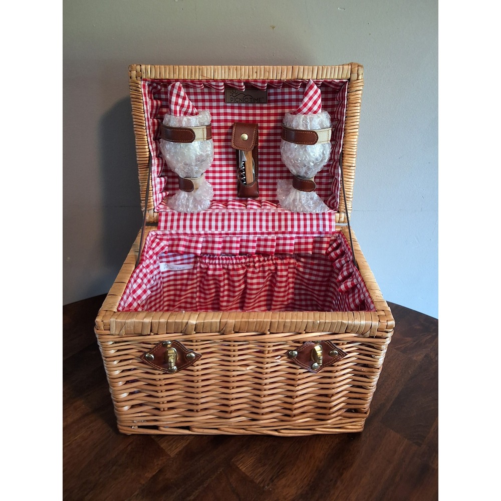 Picnic Time Wicker Picnic Basket Set for 2 Wine Glasses Cork Puller & Napkins